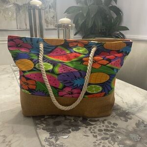 Tropical Fruit Print Beach Tote Bag - Multicolor